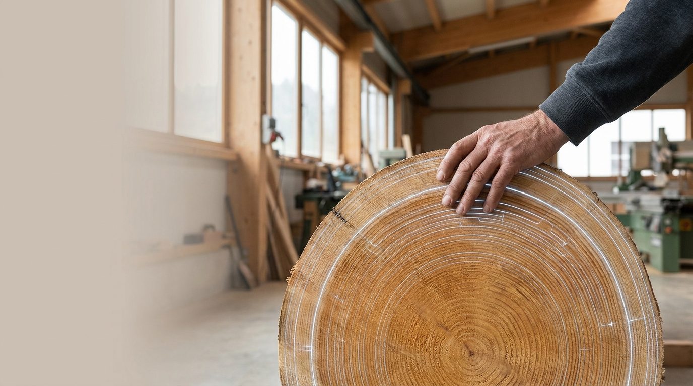Hand op een stamdoorsnede met jaarringen, met subtiele digitale meetlijnen erover